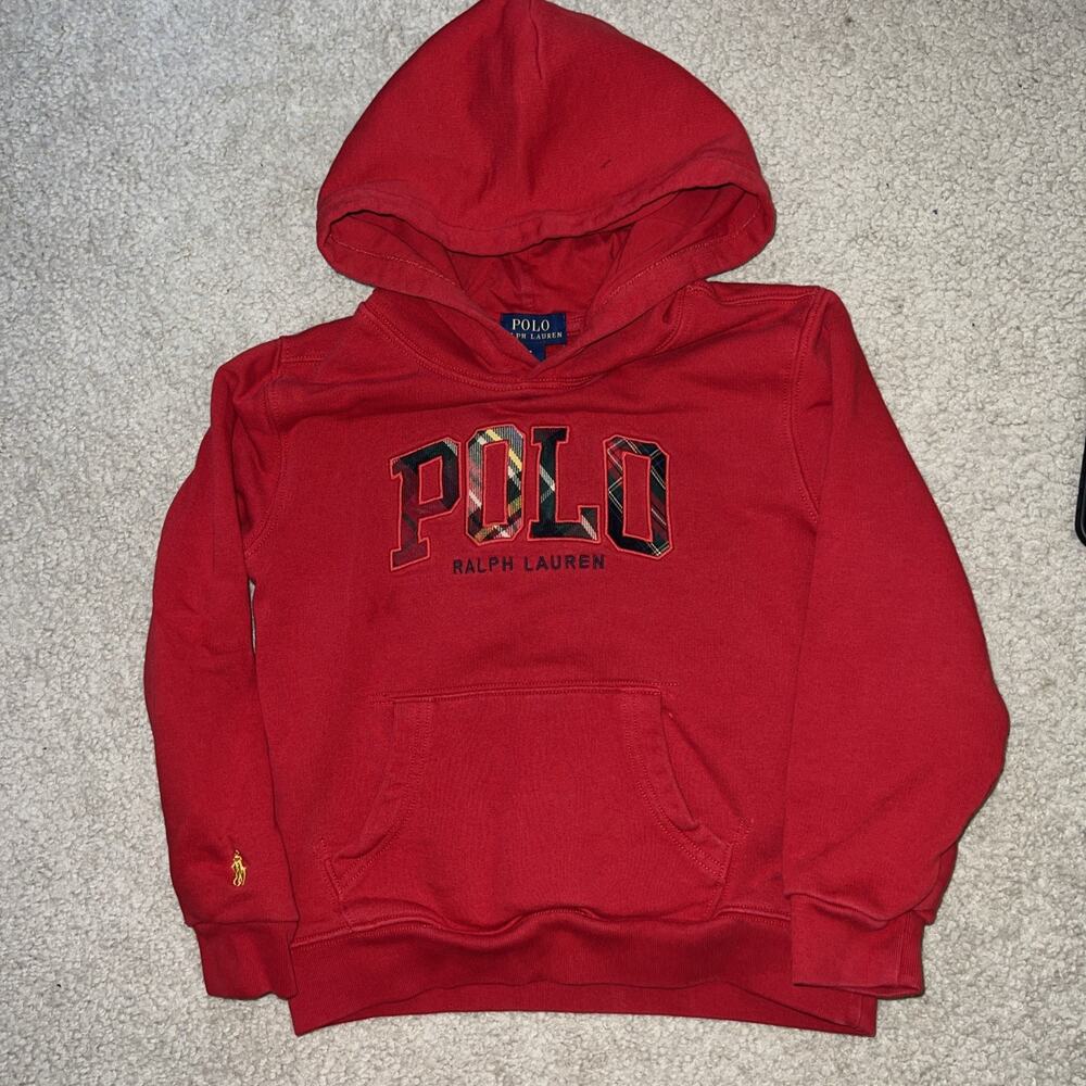 Polo Ralph Lauren Boys Size S 7 RED Fleece Pullover Hoodie w/ Blue Pony